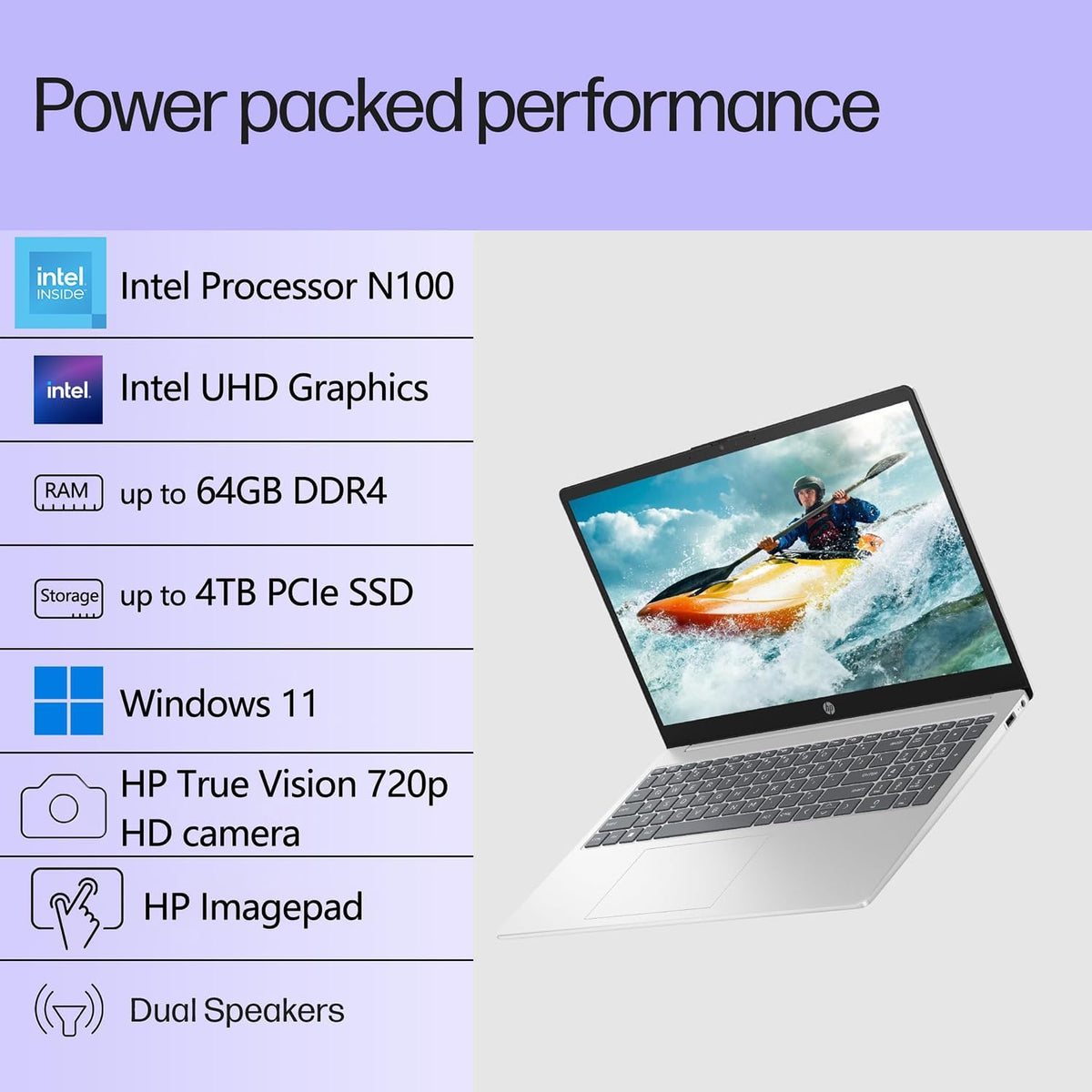 Ordinateur compact portable HP Pavilion 15,6" FHD, 16 Go de RAM DDR4, SSD PCIe 240 Go, processeur Intel N100, Wi-Fi 6, Bluetooth, webcam, port USB Type-C, licence à vie pour Office 365, Windows 11, RJ45, gris clair