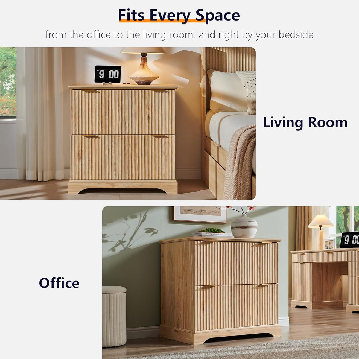 Classeur à deux tiroirs JXQTLINGMU dotée de station de charge, classeur latéral cannelé 30 pouces avec tringle de suspension pour dossiers format lettre/légal/A4, grand plateau pour imprimante, meuble de bureau en bois pour imprimante, chêne