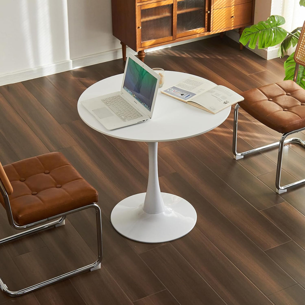 Table de salle à manger ronde, table tulipe circulaire de 80 cm dotée de plateau épais et pied en métal, table bistro moderne du milieu du siècle pour cuisine, petits espaces, salon, café (blanche)