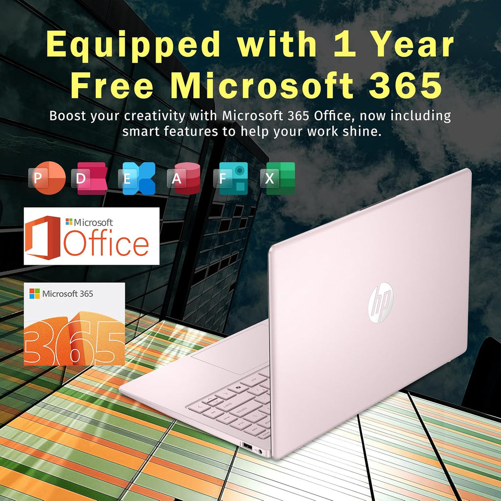 Ordinateur compact portable HP Stream 14 HD, processeur Intel N150, 16 Go de RAM, 416 Go de stockage (128 Go UFS + station d'accueil de 288 Go), carte graphique Intel, abonnement d'un an à Office 365, Copilot, Wi-Fi, webcam HD, Windows 11, rose