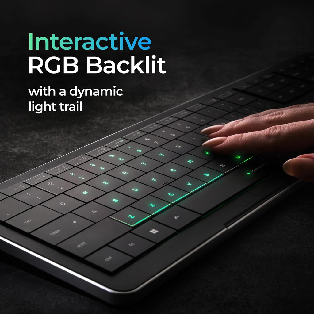 CLVX 1 Windows | Clavier IA tactile et gestuel | Bluetooth et USB-C | Touches ciseaux silencieuses à profil bas | Rétroéclairage RGB interactif | Châssis en aluminium | Compatible Windows/Linux/Android – Modèle pratique