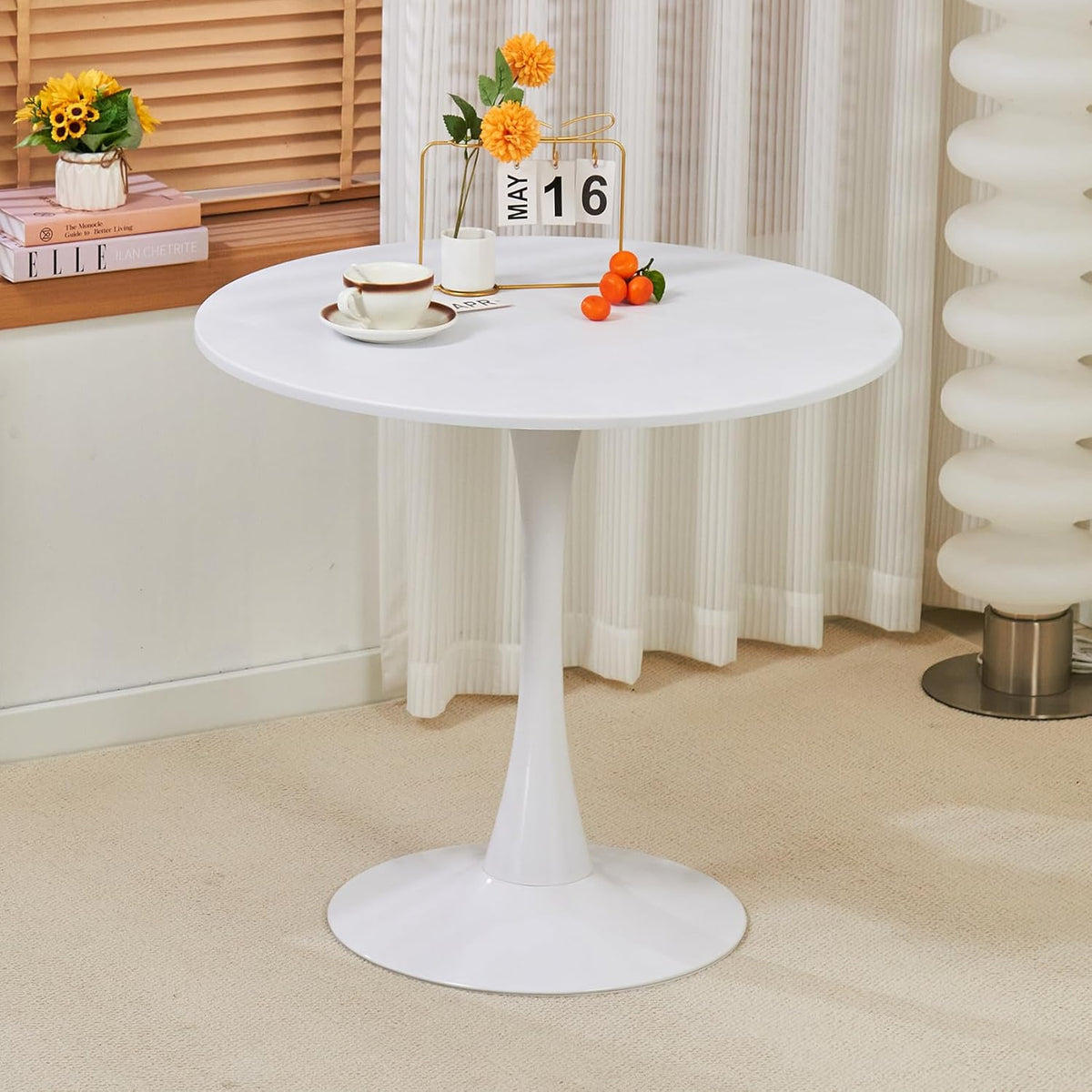 Table de salle à manger ronde, table tulipe circulaire de 80 cm dotée de plateau épais et pied en métal, table bistro moderne du milieu du siècle pour cuisine, petits espaces, salon, café (blanche)