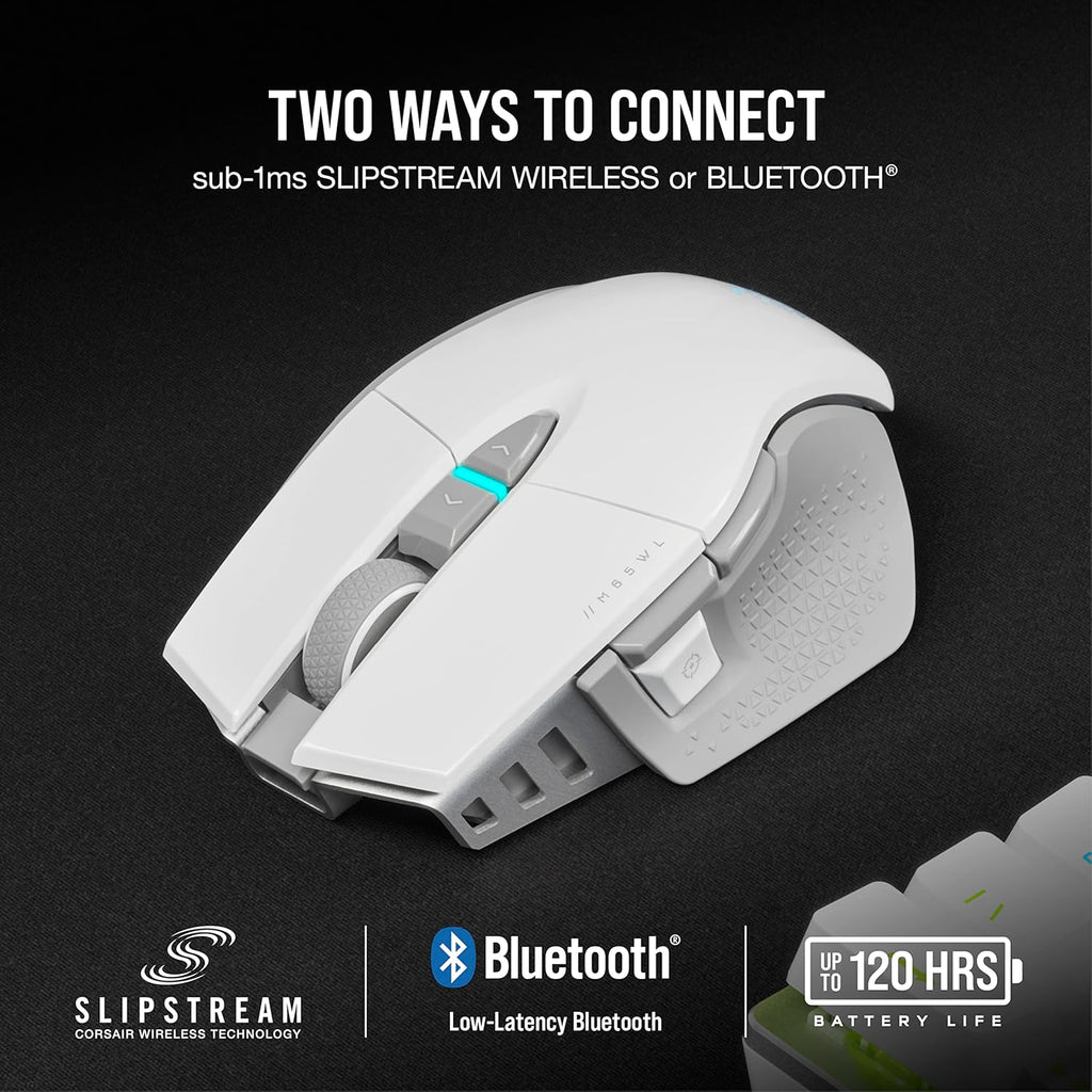 Souris gaming à connectivité sans fil Corsair M65 RGB Ultra Wireless : FPS réglable, technologie à connectivité sans fil Slipstream (moins d'1 ms), capteur optique 26 000 DPI, allant jusqu'à 120 heures d'autonomie, 8 boutons programmables – Blanche