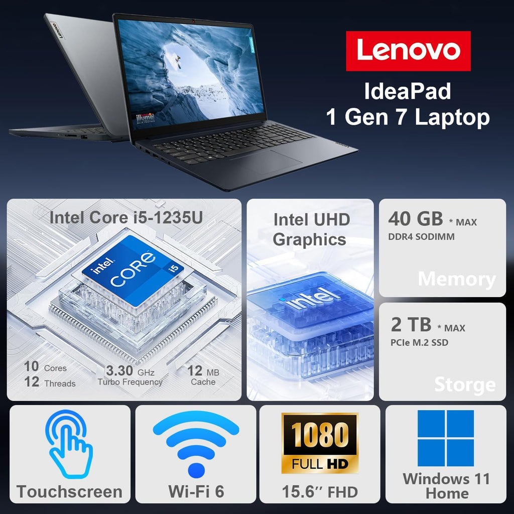 Ordinateur compact portable Lenovo IdeaPad 1i, écran tactile FHD 15,6 pouces, processeur Intel Core i5-1235U, 16 Go de RAM, SSD de 512 Go, webcam, HDMI, Wi-Fi 6, Windows 11 Famille, bleu