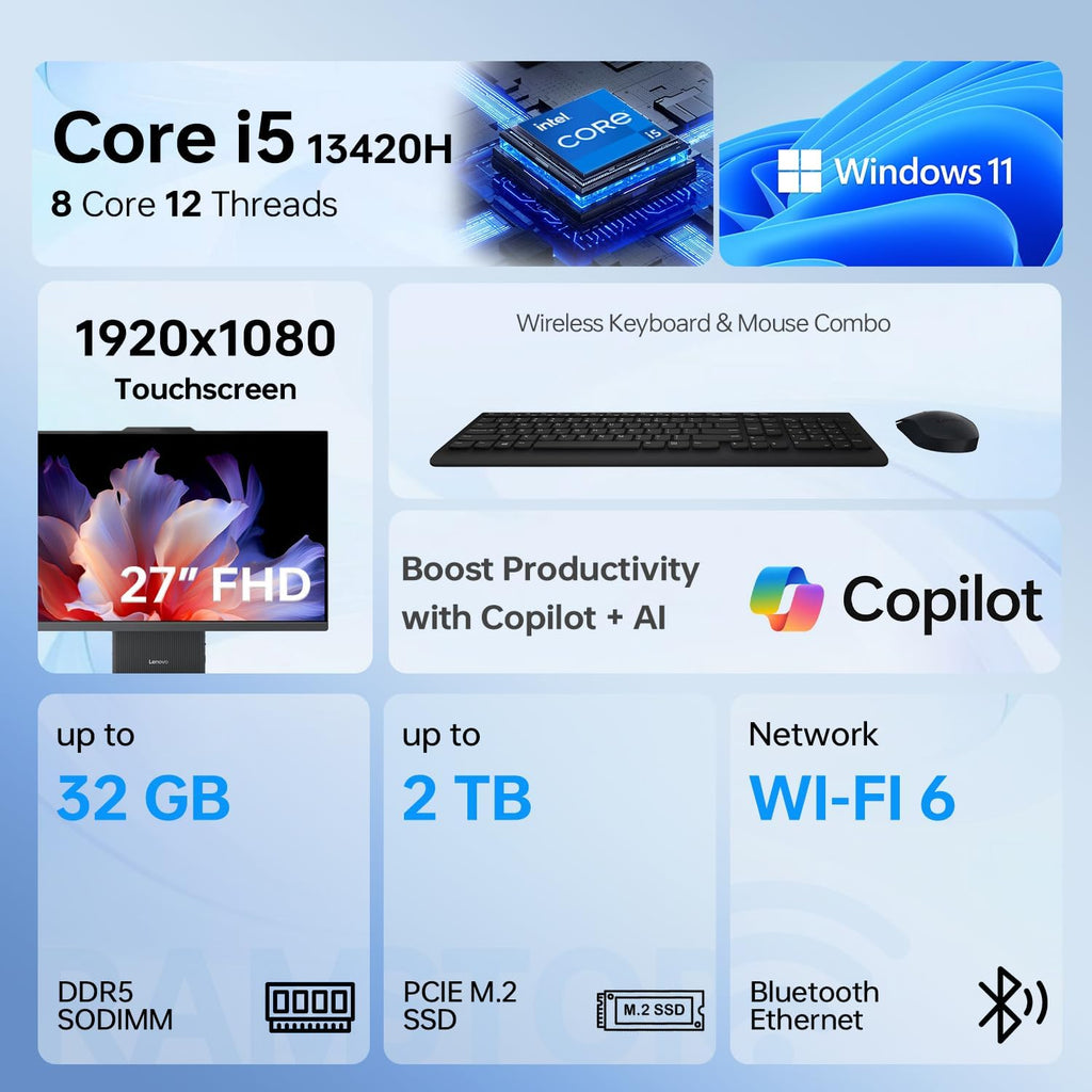 Ordinateur tout-en-un Lenovo IdeaCentre I Pro Business nouvelle génération doté de IA, écran tactile intuitif FHD 27 pouces 100 Hz, processeur Intel Core i5-13420H, 16 Go de RAM DDR5, SSD de 1 To, Wi-Fi 6, webcam, clavier et souris à connectivité…