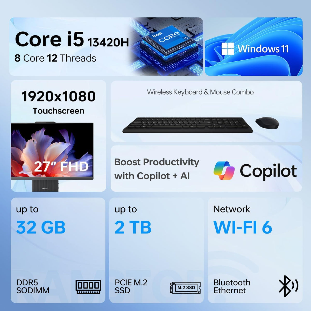 Ordinateur tout-en-un Lenovo IdeaCentre I Pro Business nouvelle génération doté de IA, écran tactile intuitif FHD 27 pouces 100 Hz, processeur Intel Core i5-13420H, 16 Go de RAM DDR5, SSD de 1 To, Wi-Fi 6, webcam, clavier et souris à connectivité…