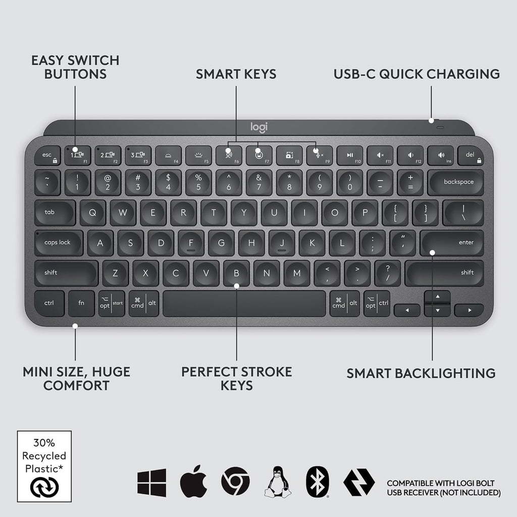 Clavier à connectivité sans fil Logitech MX Keys Mini minimaliste et rétroéclairé : au format compact, Bluetooth, USB-C, compatible doté de Apple macOS, iOS, Windows, Linux et Android. Boîtier en métal – Graphite.