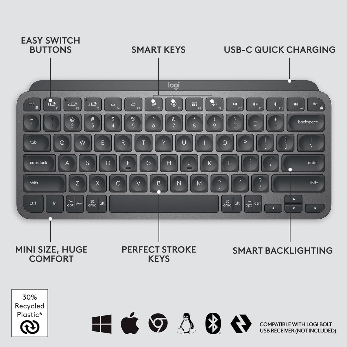 Clavier à connectivité sans fil Logitech MX Keys Mini minimaliste et rétroéclairé : au format compact, Bluetooth, USB-C, compatible doté de Apple macOS, iOS, Windows, Linux et Android. Boîtier en métal – Graphite.
