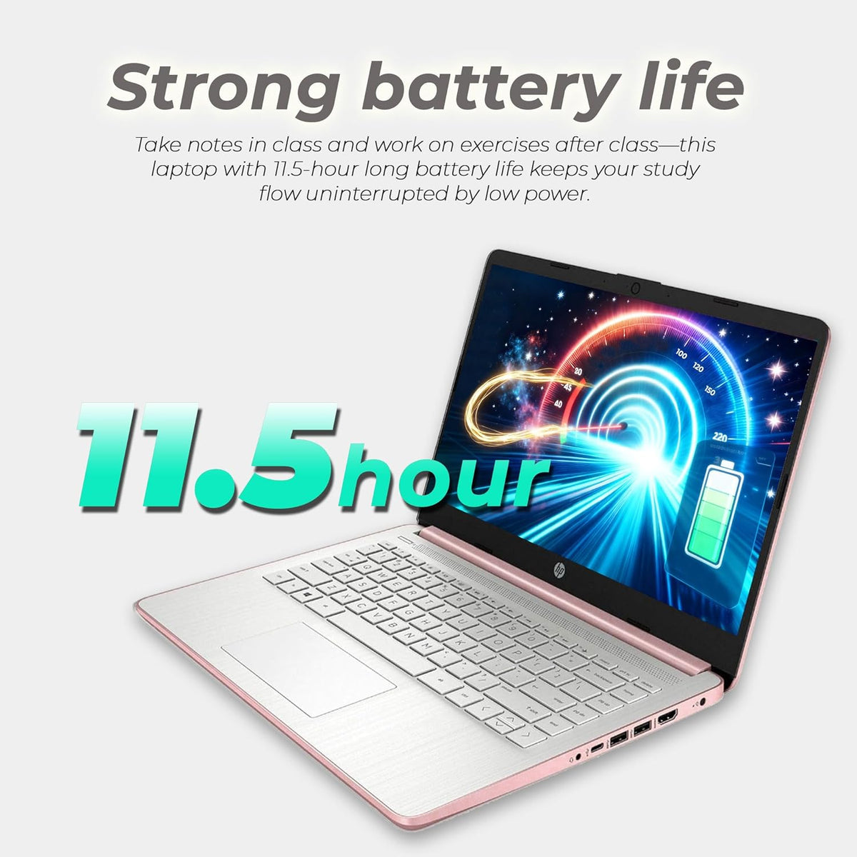 Ordinateur compact portable léger HP 14″ or rose avec Office 365 et Copilot AI, processeur Intel, 4 Go de RAM, SSD de 64 Go + 1 To de stockage cloud