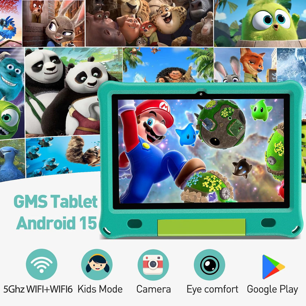 Tablette tactile PRITOM Android 15, toute nouvelle tablette 10 pouces pour enfants, contrôle parental, 64 Go + 1 To extensible, WiFi 6, éducative, jeux, logiciels pour enfants préinstallés, avec étui EVA (vert)
