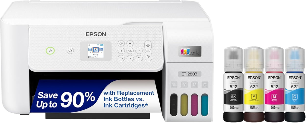 Imprimante multifonction couleur à connectivité sans fil Epson EcoTank ET-2803, sans cartouches, doté de fonction de numérisation, de copie et compatibilité AirPrint.