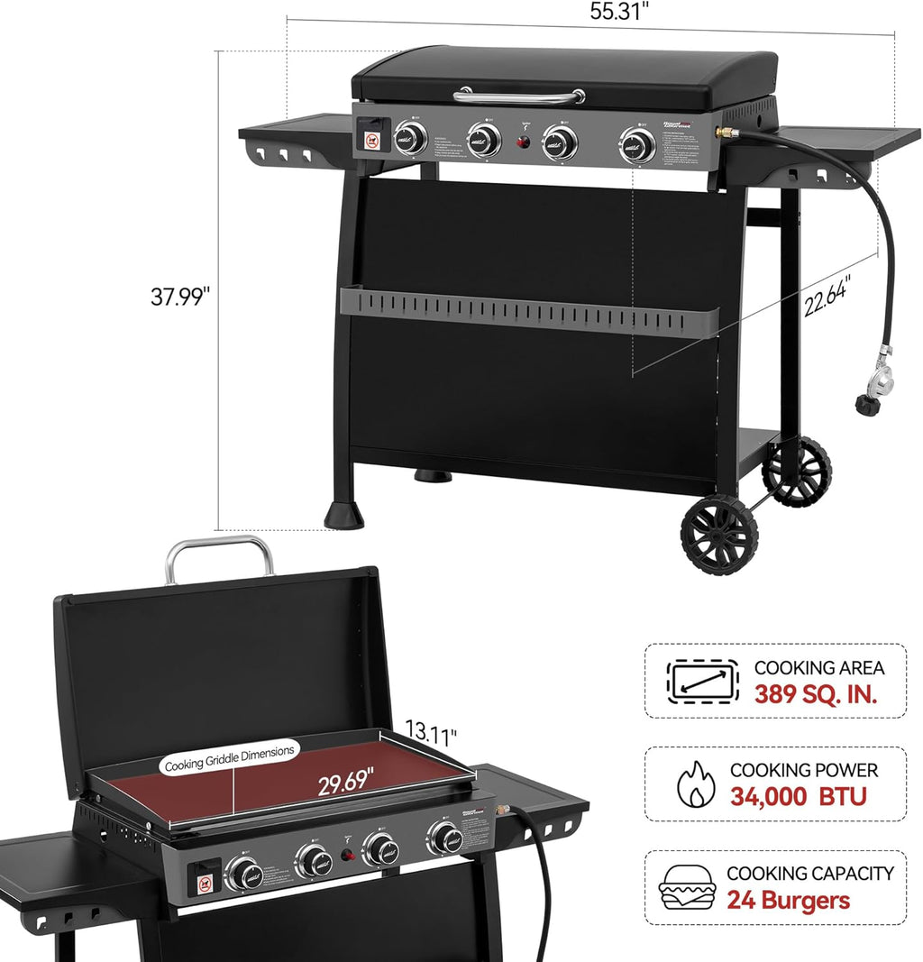 Plaque de cuisson à gaz propane Royal Gourmet PD4001 à 4 brûleurs dotée de chariot amovible et convertible en table. Grille à surface plane avec couvercle, idéale pour le camping, les pique-niques et le jardin. Couleur : noir.