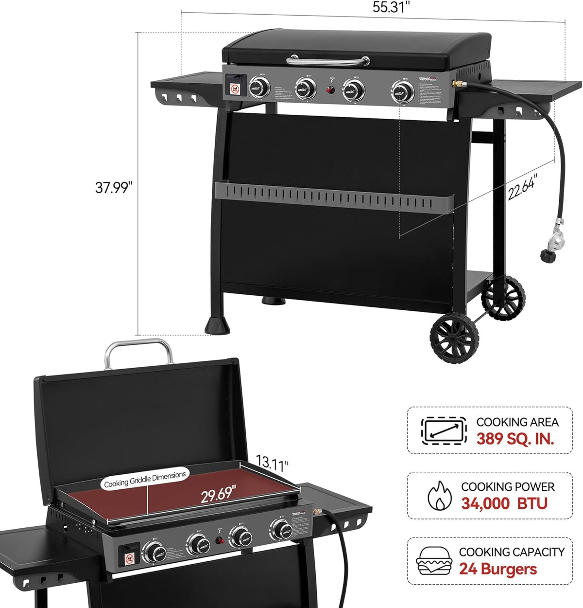 Plaque de cuisson à gaz propane Royal Gourmet PD4001 à 4 brûleurs dotée de chariot amovible et convertible en table. Grille à surface plane avec couvercle, idéale pour le camping, les pique-niques et le jardin. Couleur : noir.