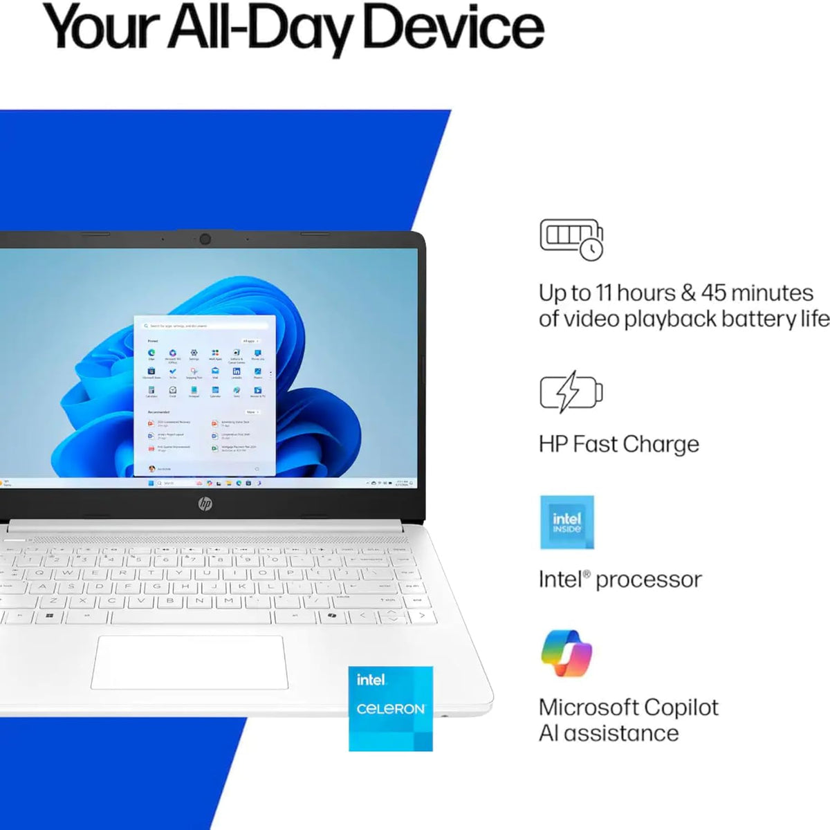 Ordinateur compact portable HP Essentiel pour la famille et les étudiants avec Microsoft 365 - 1,1 To de stockage - 8 Go de RAM - Processeur Intel intégré | Écran antireflet | SSD de 64 Go et 1 To de stockage cloud | Charge rapide | Autonomie de 12