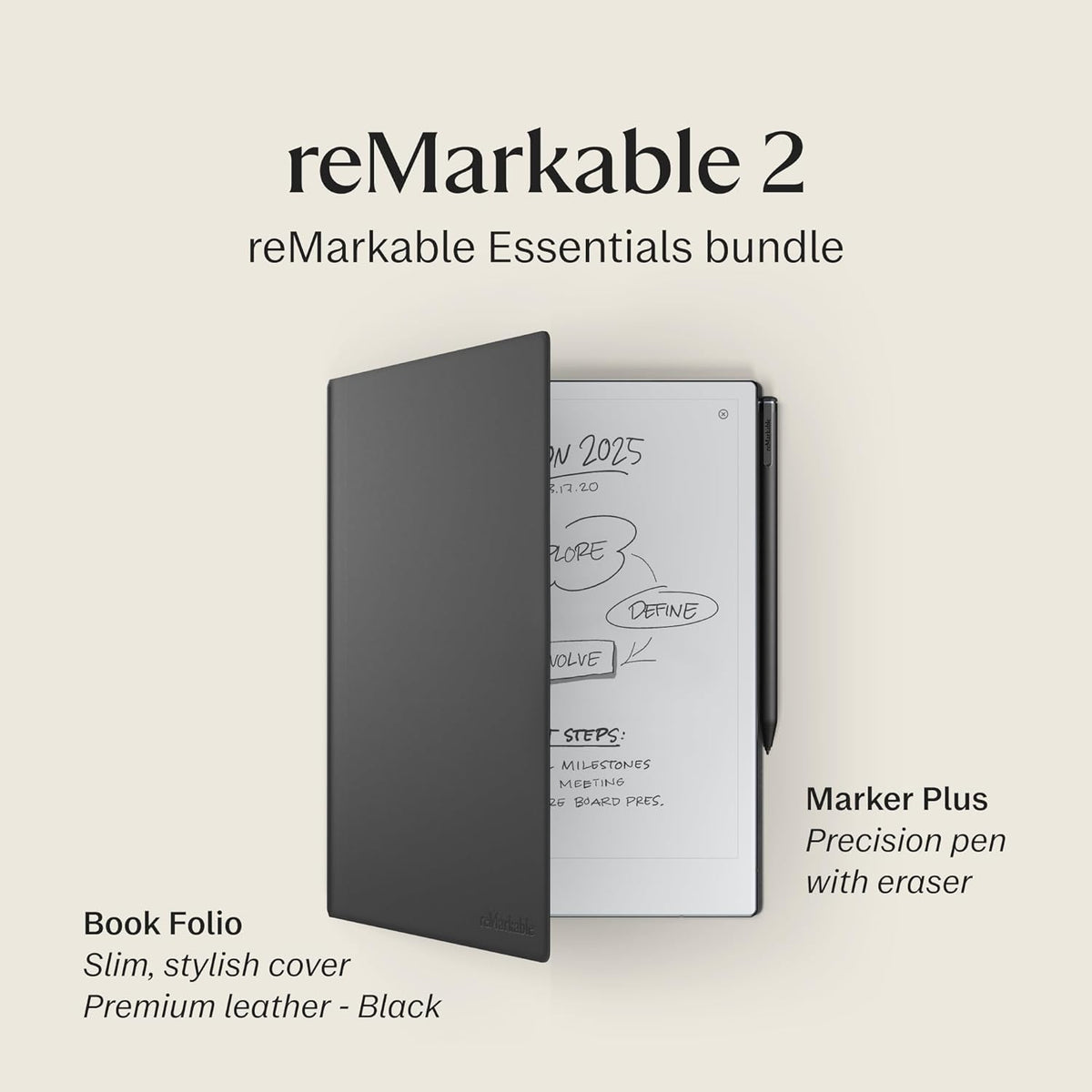 Pack reMarkable Essentials - Étui en cuir | Tablette tactile graphique reMarkable 2 | Tablette d'écriture 10,3 pouces noir et blanc avec stylet et gomme intégrée, et étui en cuir noir premium