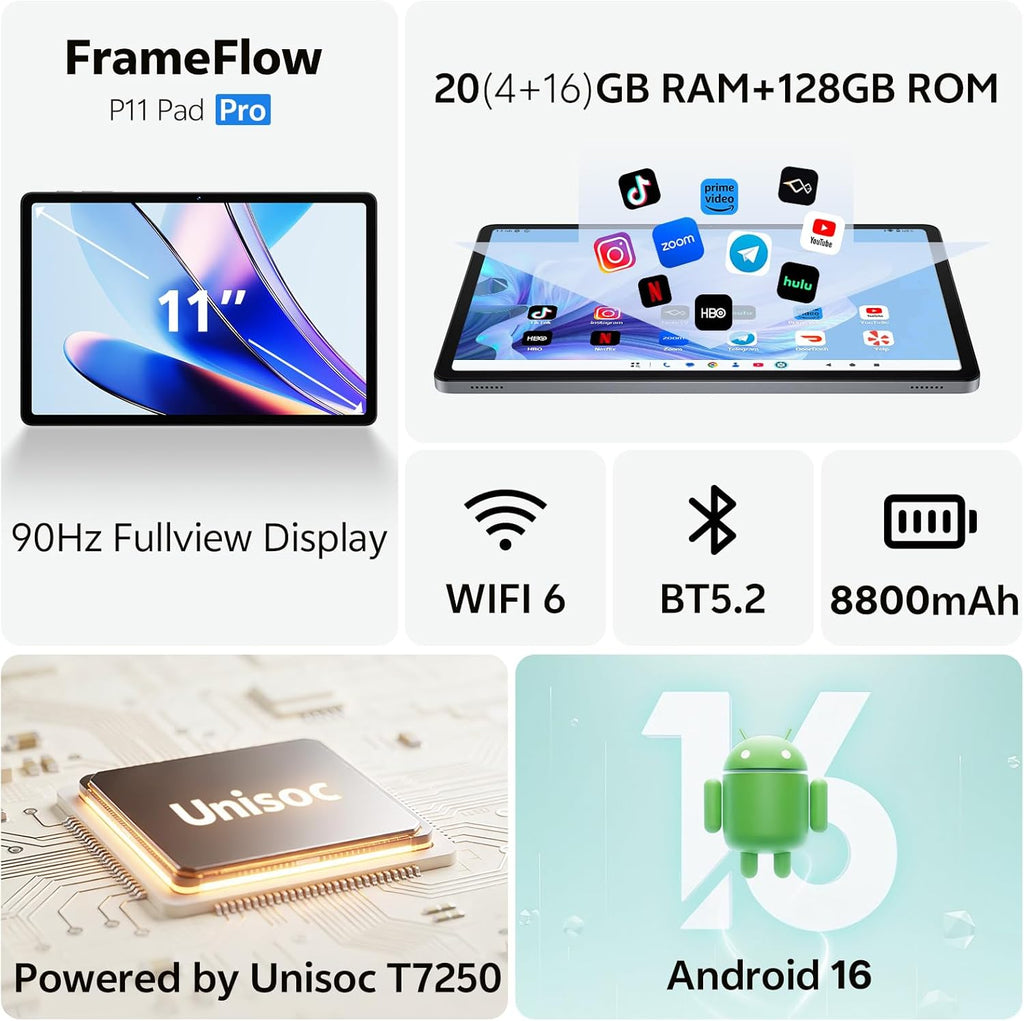 Tablette tactile 11 pouces, Android 16, processeur octocœur, 20 Go de RAM, 128 Go de ROM extensible jusqu'à 1 To, écran tactile IPS 1280 x 800, GPS, autonomie de 8 h, Wi-Fi 6, Bluetooth 5.2, double caméra 8 MP + 13 MP (Gris)
