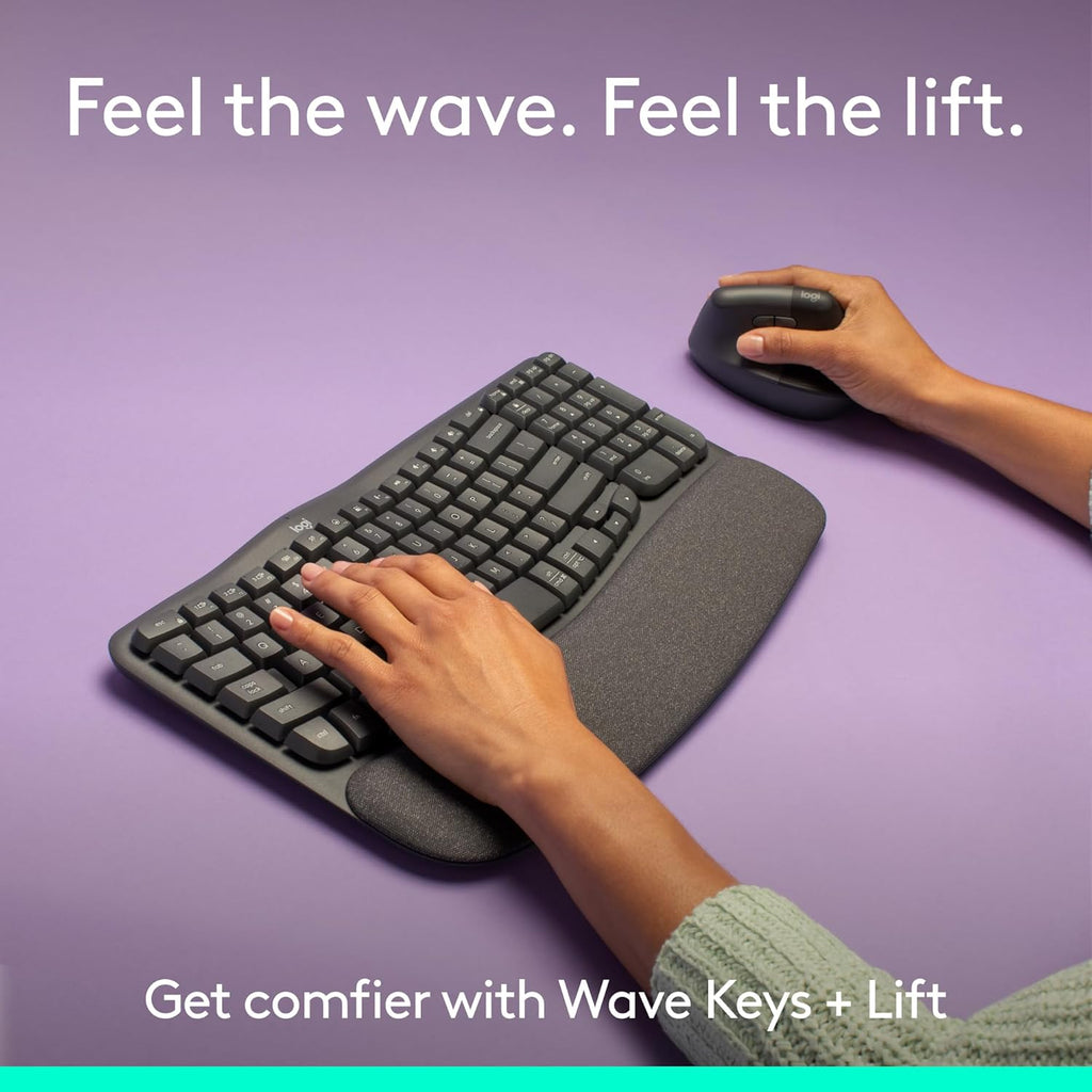 Logitech Wave Keys & Lift Vertical Mouse - Ensemble clavier et souris à connectivité sans fil ergonomiques - doté de repose-poignets rembourré, fonction Easy-Switch, Bluetooth, compatible Windows/Mac - Graphite
