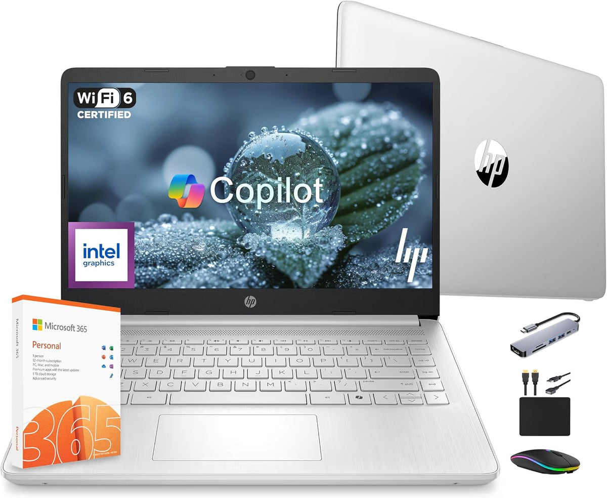 Ordinateur compact portable HP 14 2025 Ultra Léger, AI Copilot Étudiant Professionnel, Processeur Intel Quad-Core, 16 Go de RAM, 628 Go de stockage (128 Go UFS + 500 Go extensible), 1 an d'abonnement à Office 365, Autonomie de 12 heures