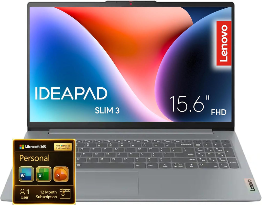 Lenovo IdeaPad Slim 3i - Écran FHD 15,6" - Processeur Intel quadricœur - Microsoft 365 inclus - 1,1 To de stockage | SSD 128 Go et 1 To de stockage cloud - Qualité militaire - Sans souris - Apprenez, travaillez et streamez