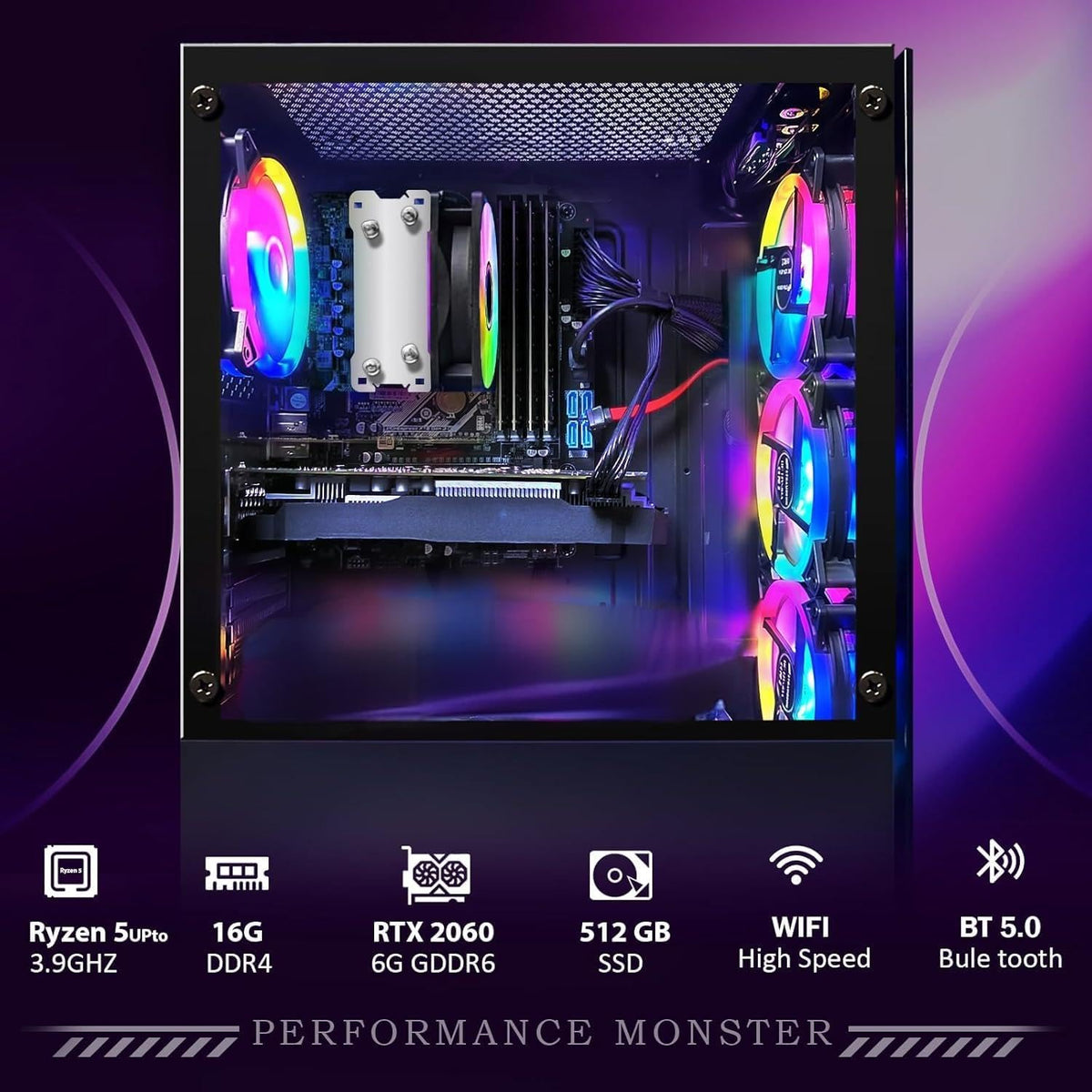 PC de bureau gaming STGAubron : processeur AMD Ryzen 5 2600 allant jusqu'à 3,9 GHz, carte graphique GeForce RTX 2060 6 Go, 16 Go de RAM DDR4, SSD 512 Go, Wi-Fi 600M, Bluetooth 5.0, 4 ventilateurs RGB, Windows 11 Famille