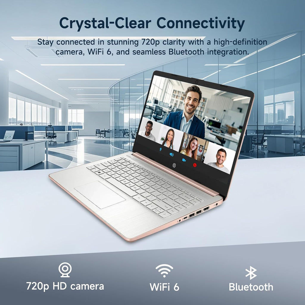 Ordinateur compact portable HP 14 Quad-Core (Beat i3), 8 Go de RAM, 256 Go de stockage (128 Go UFS + carte SD de 128 Go), abonnement d'un an à Office 365, Copilot AI, idéal pour les études et la rentrée scolaire, Windows 11 avec accessoires GM