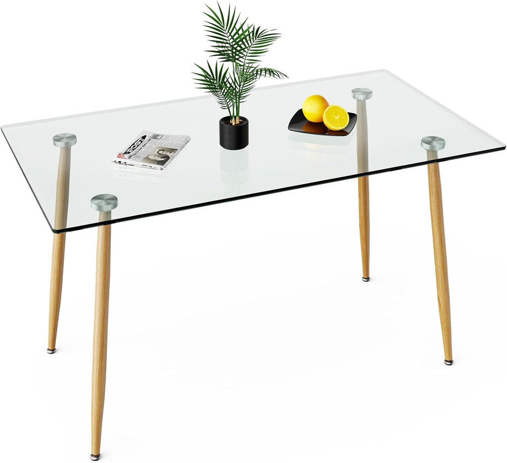 Table de salle à manger rectangulaire moderne en verre COSTWAY de 130 cm (51 pouces), dotée de pieds en acier imitation bois et plateau spacieux. Idéale pour la maison, le bureau ou la salle d'étude.