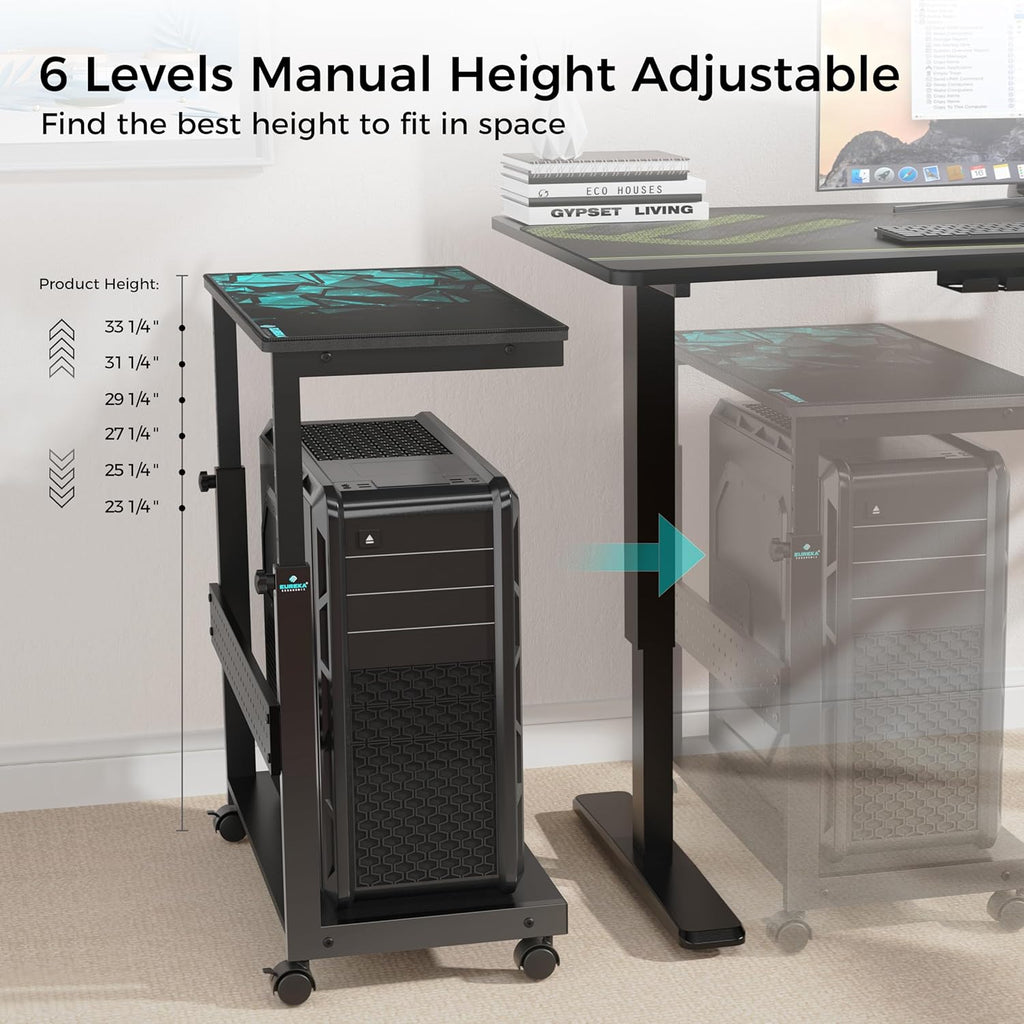 Support PC ergonomique EUREKA, chariot à roulettes en métal noir, réglable en hauteur, compatible doté de boîtiers ATX et imprimantes, adapté à le gaming, la maison et le bureau.