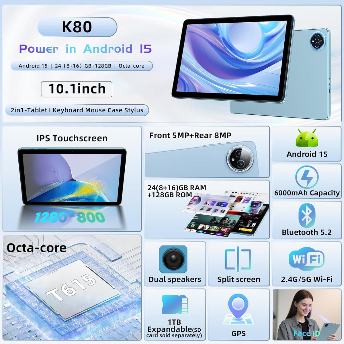 Tablette tactile Android 15 10 pouces, 24 Go de RAM, 128 Go de ROM, avec étui clavier, souris et stylet, mémoire extensible jusqu'à 1 To, processeur octocœur 6000 mAh, écran IPS HD 1280 x 800, Wi-Fi, processeur T615 haute performance, double caméra (