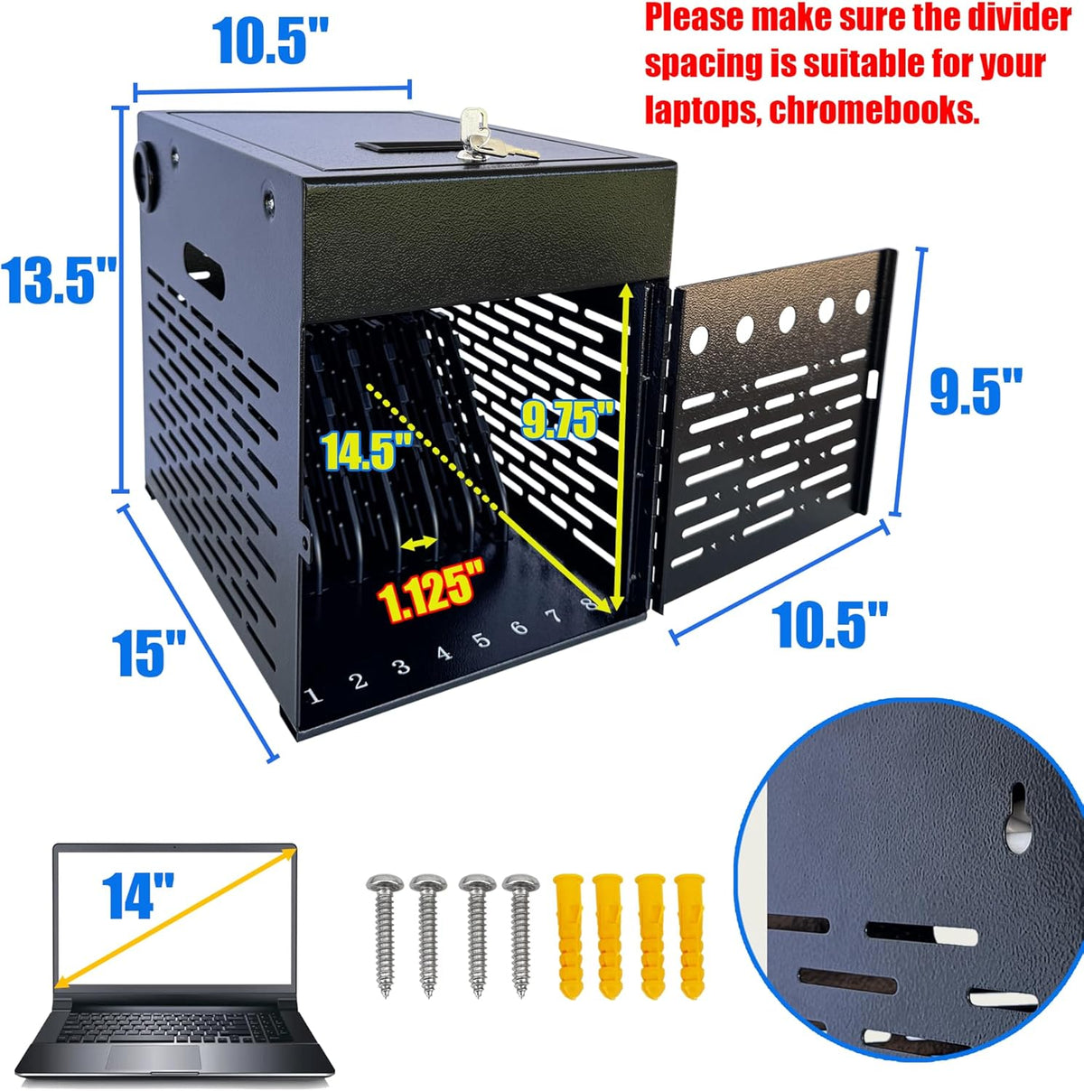 Station de charge pour 8 appareils (tablettes, ordinateurs portables et tablettes) avec boîtier en acier verrouillable. Compatible avec Chromebooks, iPads, ordinateurs portables et tablettes de 14 pouces. Rangement sécurisé avec 2 clés. Idéale pour