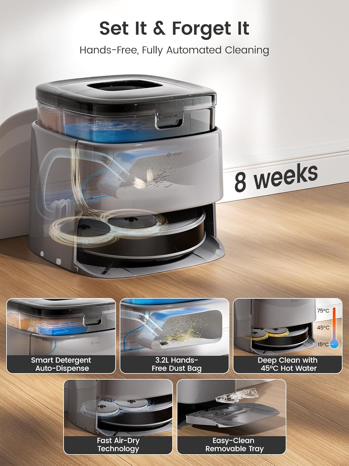Aspirateur et laveur robot Lefant LiDAR, aspiration de 20 000 Pa, vidage automatique après 90 jours, détection d'obstacles, lavage et séchage automatiques, adapté à les poils d'animaux et les tapis, compatible Wi-Fi 5G, Alexa/application/Apple…
