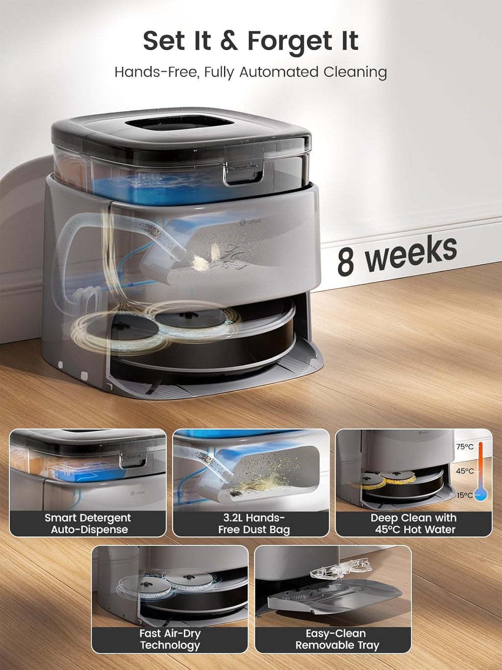 Aspirateur et laveur robot Lefant LiDAR, aspiration de 20 000 Pa, vidage automatique après 90 jours, détection d'obstacles, lavage et séchage automatiques, adapté à les poils d'animaux et les tapis, compatible Wi-Fi 5G, Alexa/application/Apple…