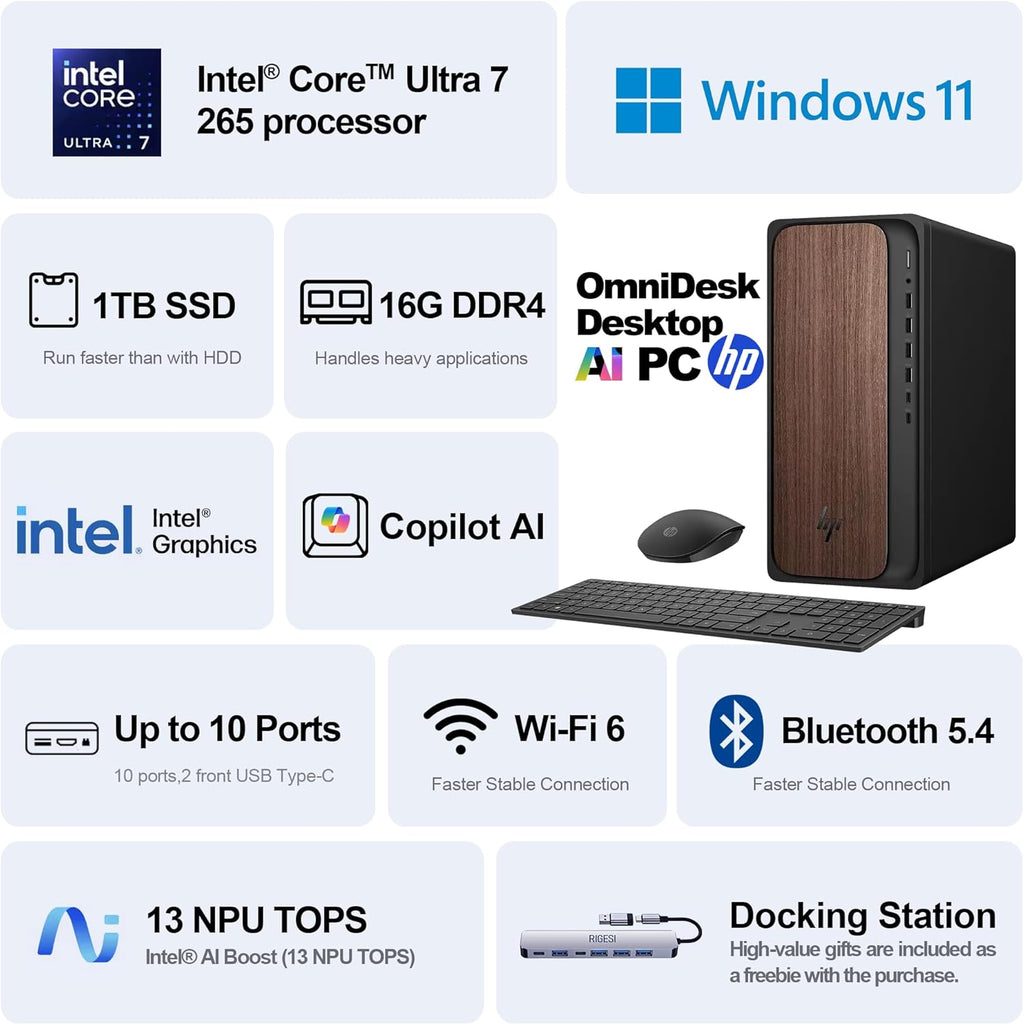 Ordinateur de bureau HP OmniDesk – Intel Core Ultra 7 265, 16 Go de mémoire DDR5, SSD de 1 To, design élégant en bois foncé, performances solides optimisées pour l'IA, Windows 11 Professionnel doté de station d'accueil