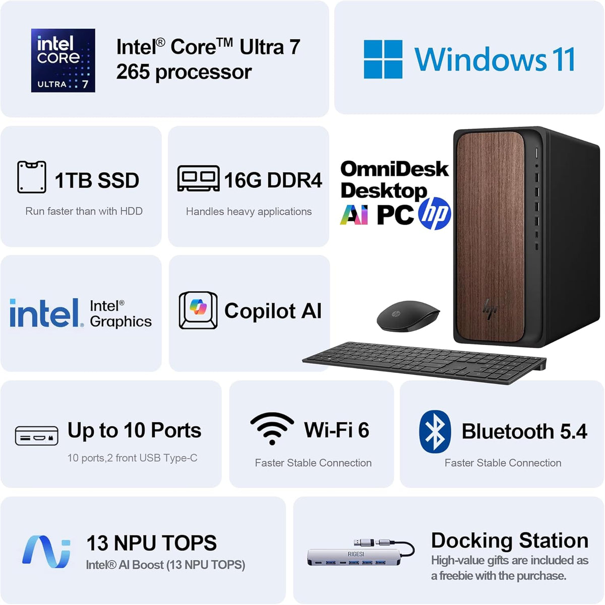Ordinateur de bureau HP OmniDesk – Intel Core Ultra 7 265, 16 Go de mémoire DDR5, SSD de 1 To, design élégant en bois foncé, performances solides optimisées pour l'IA, Windows 11 Professionnel doté de station d'accueil