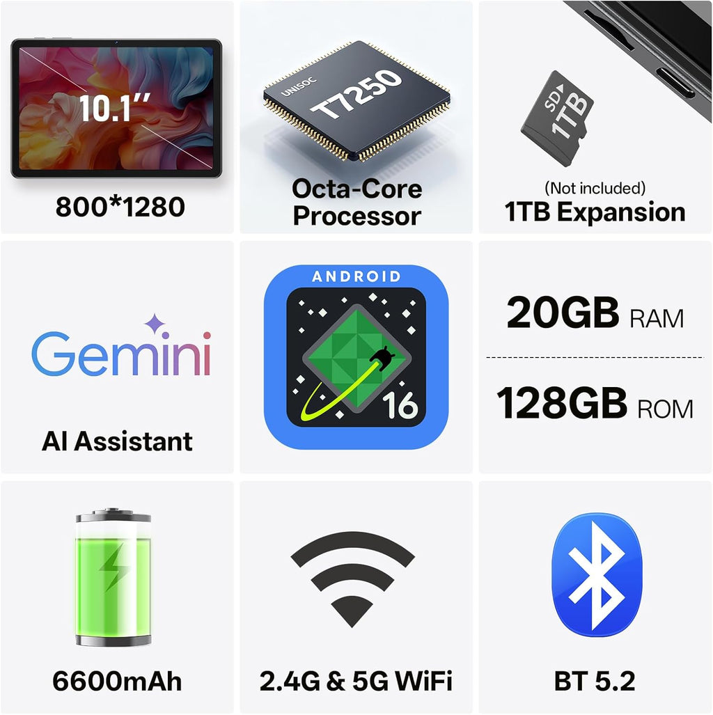 Tablette tactile 10,1 pouces Android 16 avec processeur octocœur, 20 Go de RAM, 128 Go de ROM extensible jusqu'à 1 To, écran tactile IPS HD 1280 x 800, GPS, autonomie de 8 h, Wi-Fi 6, Bluetooth 5.2, double caméra (bleue)