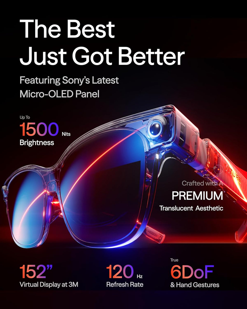 Lunettes VITURE Luma Ultra AR/XR 152'', compatibilité 6DoF complète, gestes de la main en réalité augmentée, champ de vision de 52°, luminosité de 1500 nits, compatibles iPhone 17/16/15, Android, Mac et PC. Switch et Switch 2 : première conversion 2D