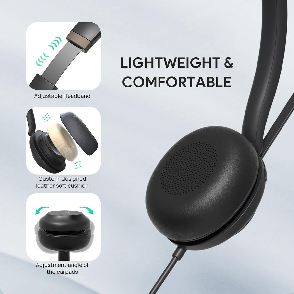 Casque USB Yealink UH37 avec microphone antibruit, casque filaire pour PC et ordinateur compact portable, certifié Teams, câble USB-A/C, compatible avec Zoom et autres plateformes de communications unifiées de premier plan.