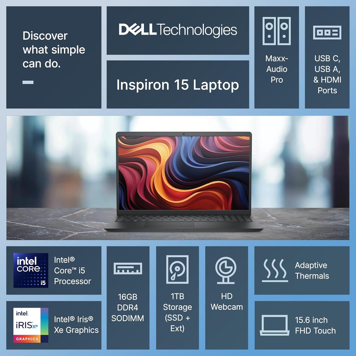 Ordinateur compact portable Dell Inspiron 15 tactile pour étudiants, entreprises et particuliers (2025-2026) : écran 15,6 pouces FHD, processeur Intel i5 à 10 cœurs, 16 Go de RAM, 1 To de stockage (SSD 512 Go + disque dur externe 500 Go)