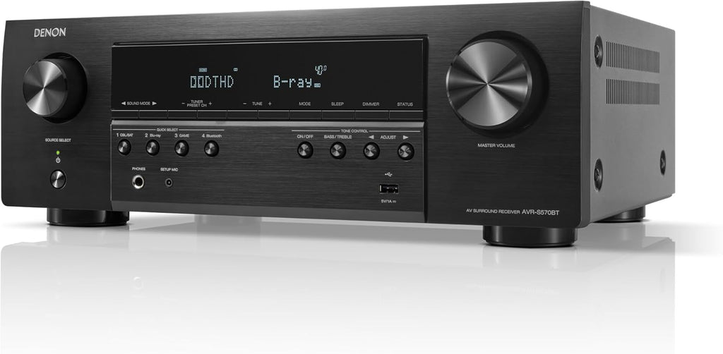 Amplificateur audio-vidéo Denon AVR-S570BT 5.2 canaux, compatible 8K Ultra HD, doté de streaming à connectivité sans fil Bluetooth, 4 entrées HDMI 8K et eARC HD. Assistant de configuration HD.