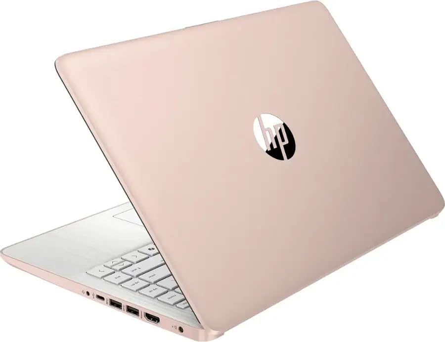 Ordinateur compact portable professionnel HP 14 avec Microsoft Office 365, processeur Intel quadricœur, 128 Go de stockage UFS + 1 To de stockage cloud, 8 Go de RAM, Windows 11, écouteurs SageNova, couleur or rose pâle.