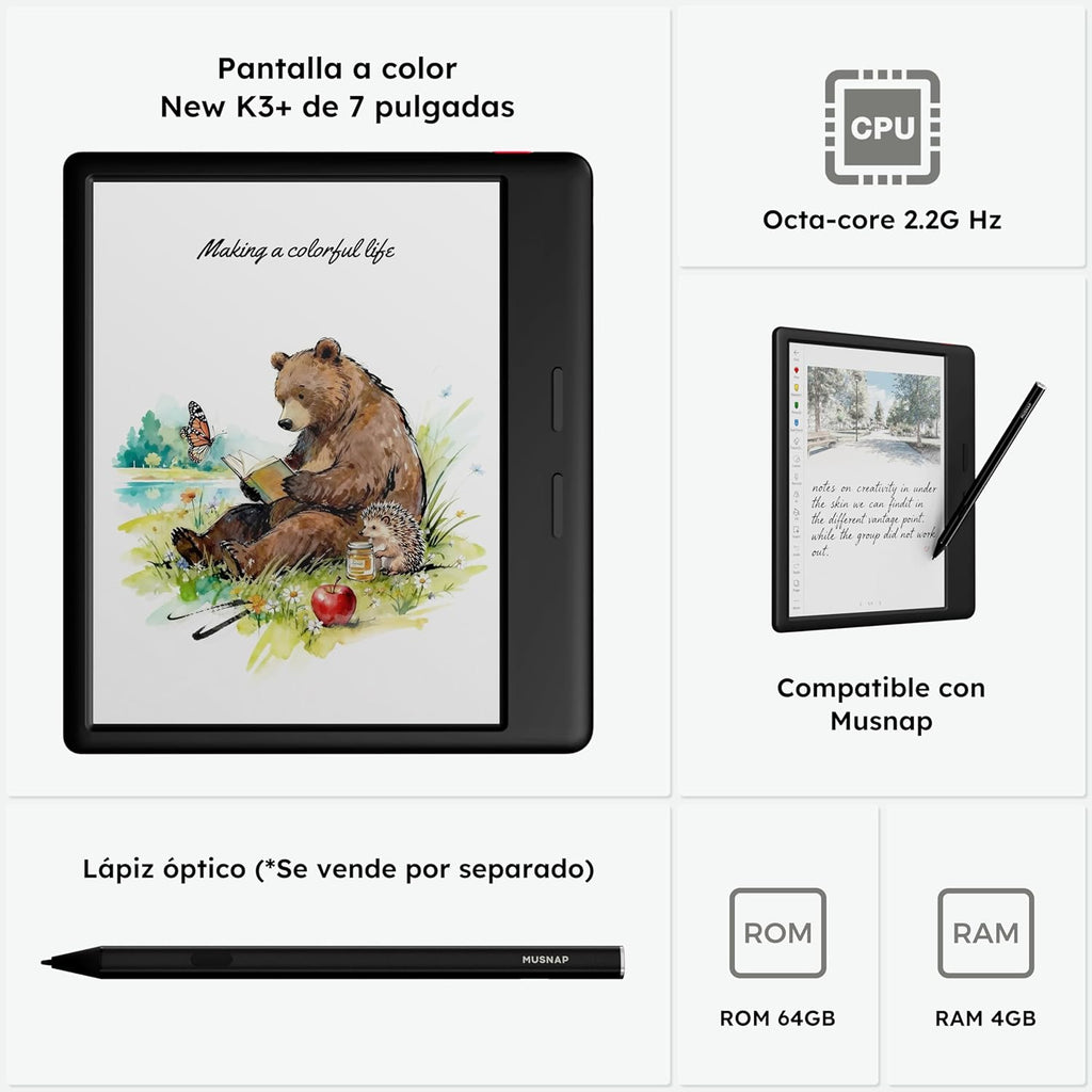 Tablette tactile liseuse couleur Ocean C 64 Go + 4 Go, 7 pouces, compatible avec l'écriture manuscrite, à encre électronique couleur, longue autonomie (stylet Musnap non inclus).