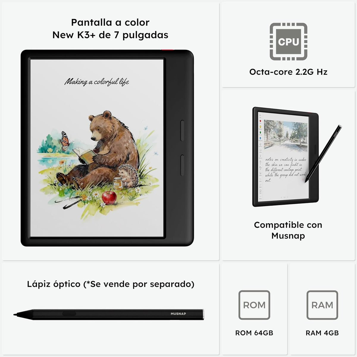 Tablette tactile liseuse couleur Ocean C 64 Go + 4 Go, 7 pouces, compatible avec l'écriture manuscrite, à encre électronique couleur, longue autonomie (stylet Musnap non inclus).