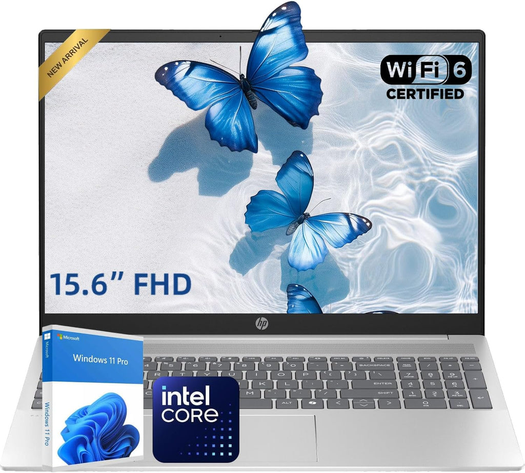 Dernier ordinateur compact portable professionnel HP 15,6" FHD, processeur Intel Dual Core, 8 Go de RAM, SSD PCIe 256 Go, Wi-Fi 6, Copilot AI, lecteur de carte SD, Windows 11 Professionnel avec Office 365 pour le Web (travail et études).