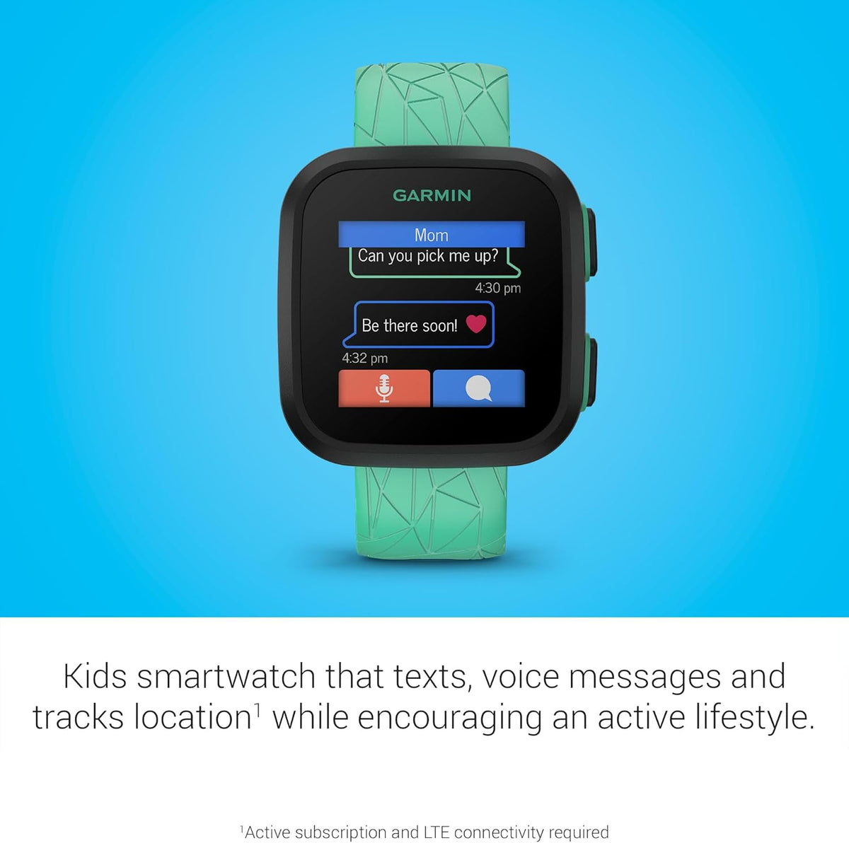 Présentation : Montre connectée Garmin Bounce™ pour enfants : messagerie bidirectionnelle (texte et voix), géolocalisation, Green Burst
