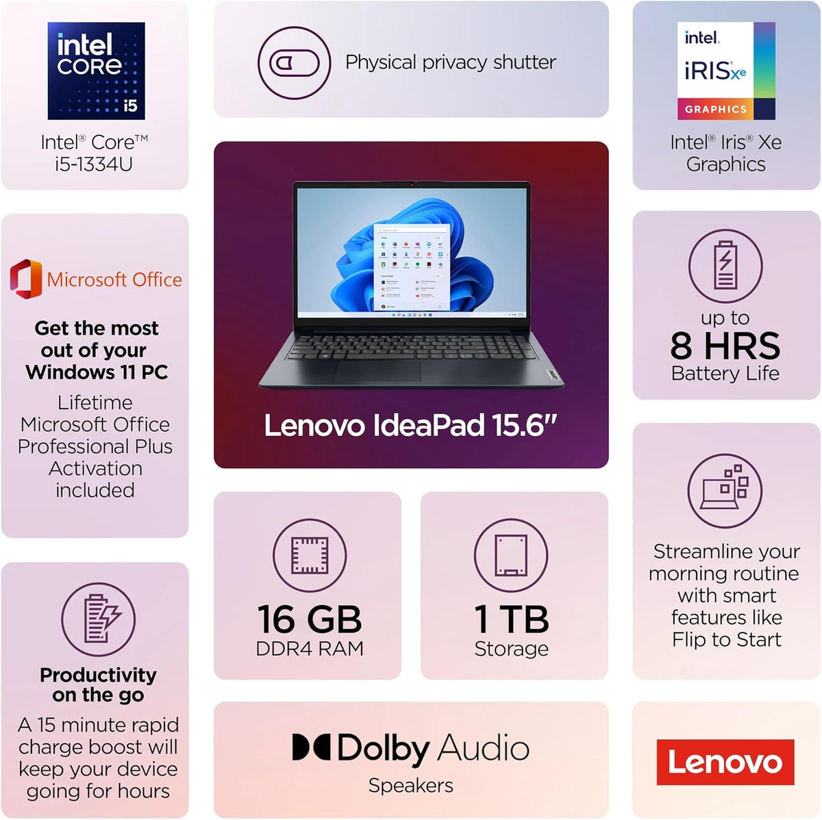 Ordinateur compact portable professionnel Lenovo IdeaPad, écran tactile FHD 15,6 pouces, puissant processeur Intel i5-1334U à 10 cœurs, IA intégrée, 16 Go de RAM, 1 To de stockage (SSD 512 Go + disque dur externe 500 Go), HubxcelAccessory, Windows