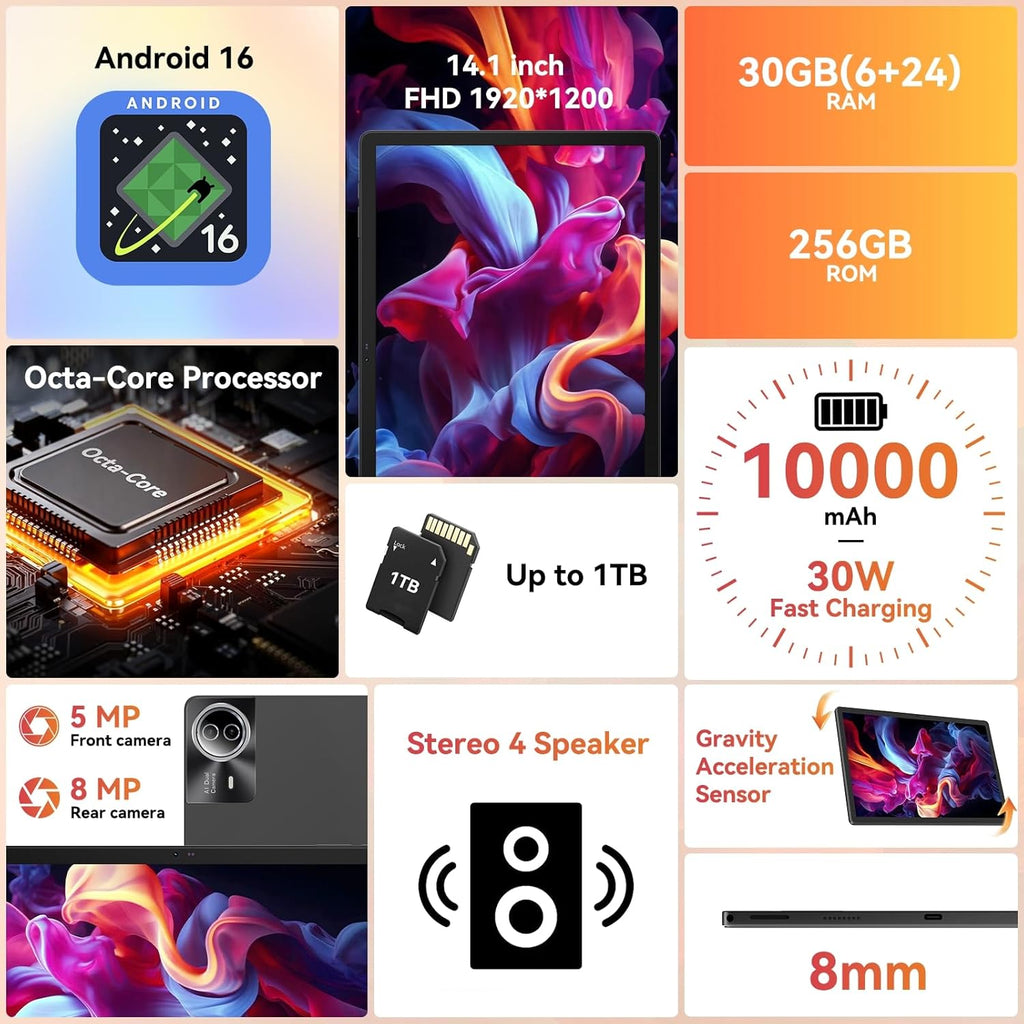 Tablette tactile | 14 pouces Android 16 | 30 Go de RAM, 256 Go de ROM | Écran IPS Full HD 1920 x 1200 | Batterie 10 000 mAh, charge rapide 30 W | Processeur octocœur | Wi-Fi 6, Bluetooth 5.4 | Double caméra | Clavier | Souris | Stylet | Étui | Casque