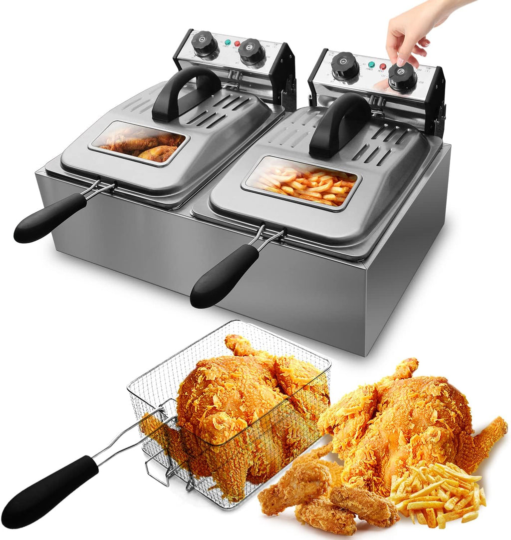 Friteuse professionnelle WantJoin 12 L/12 QT dotée de hublot - Friteuse électrique de table à double cuve en acier inoxydable avec 2 paniers et couvercles, machine à frire de comptoir avec contrôle de la température, 3200 W