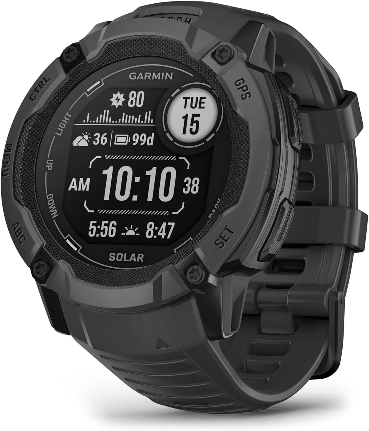 Présentation : Montre connectée GPS robuste Garmin Instinct 2X Solar avec lampe torche intégrée, recharge solaire, GNSS multibande et boîtier graphite.
