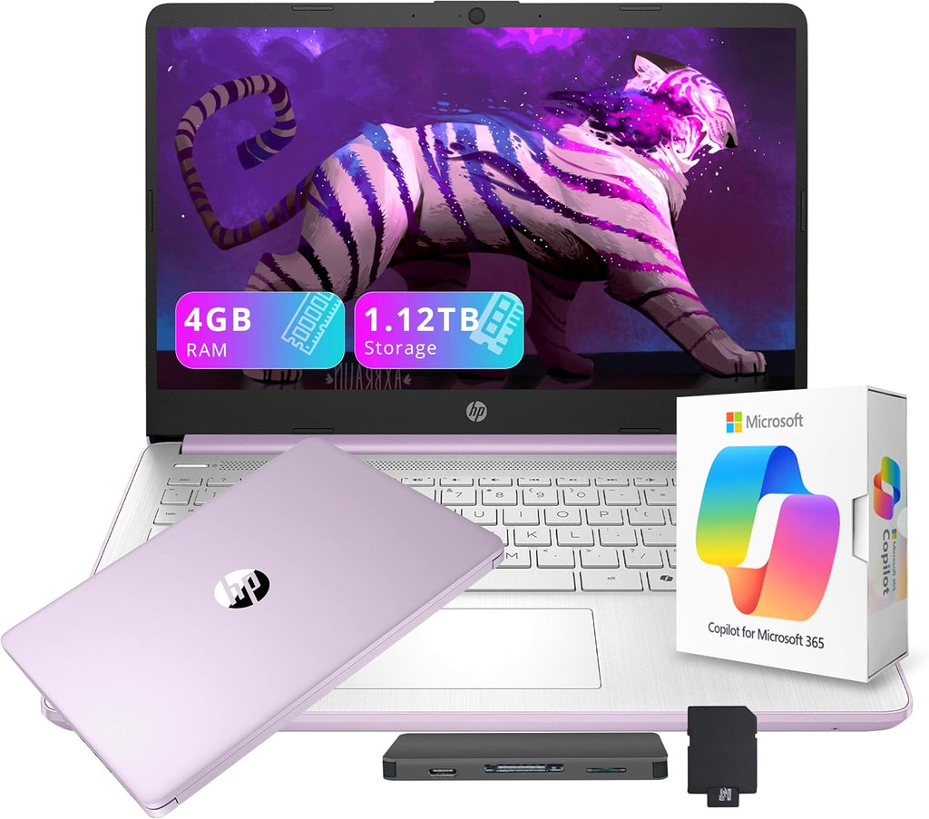 Ordinateur compact portable HP Flagship 14 HD pour étudiants et professionnels avec AI Copilot, processeur Intel quadricœur de 13e génération, 4 Go de RAM, 1,12 To de stockage (128 Go UFS + station d'accueil de 1 To), abonnement d'un an à Office