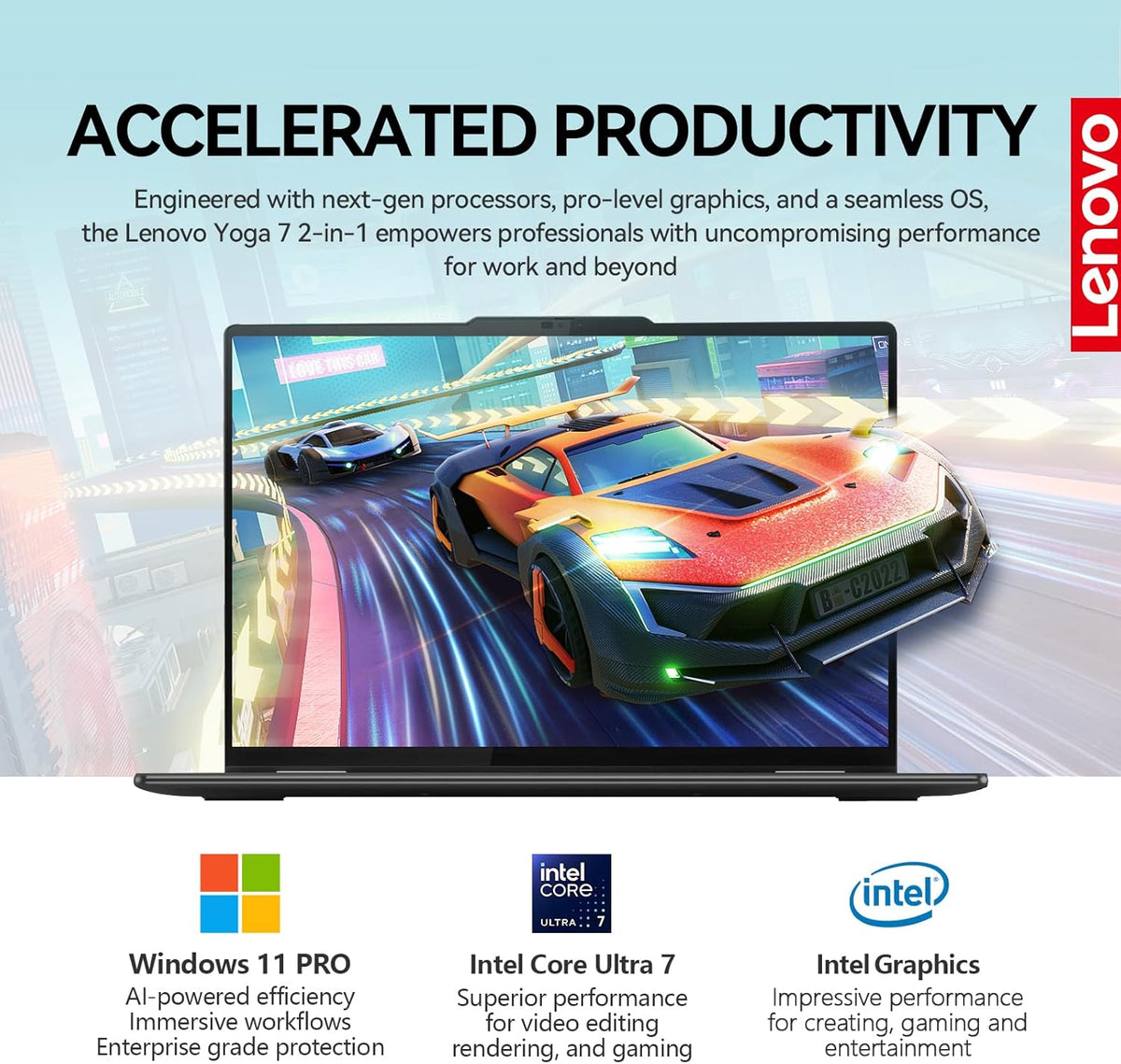 Ordinateur compact portable Lenovo Yoga 7i 2 en 1, écran tactile 16 pouces FHD+, pliable à 360°, convertible, processeur Intel Core Ultra 7, Windows 11 Pro, 16 Go de RAM DDR5, SSD de 1 To, pavé numérique rétroéclairé, lecteur d'empreintes digitales.
