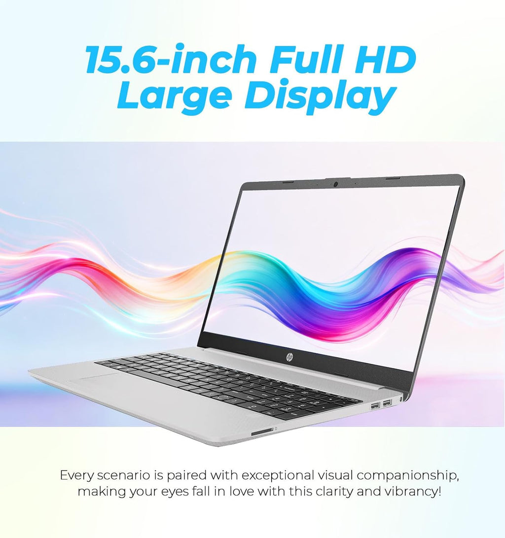 Dernier ordinateur compact portable professionnel HP 15,6" FHD, processeur Intel Dual Core, 8 Go de RAM, SSD PCIe 256 Go, Wi-Fi 6, Copilot AI, lecteur de carte SD, Windows 11 Professionnel avec Office 365 pour le Web (travail et études).